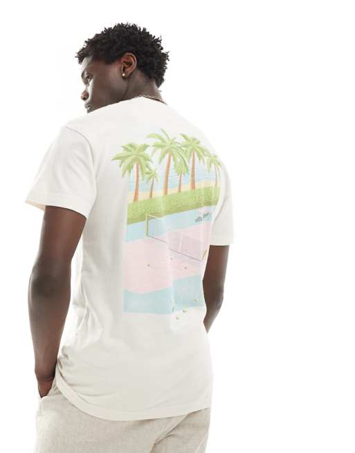 Abercrombie & Fitch – Kremowy T-shirt o luźnym kroju z nadrukiem klubu tenisowego Malibu Beach na plecach