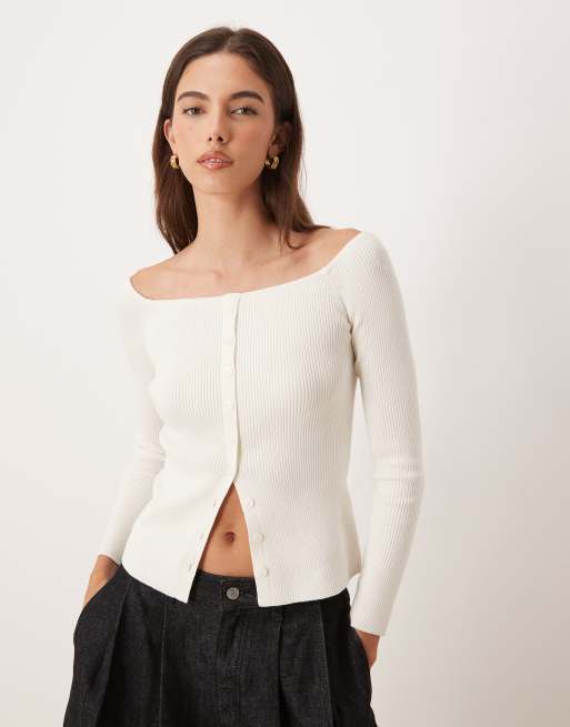 Abercrombie & Fitch – Kremowy zapinany na guziki top z odkrytymi ramionami