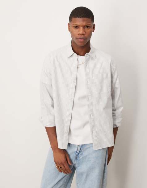 Abercrombie & Fitch long sleeve cropped linen shirt in blue stripe