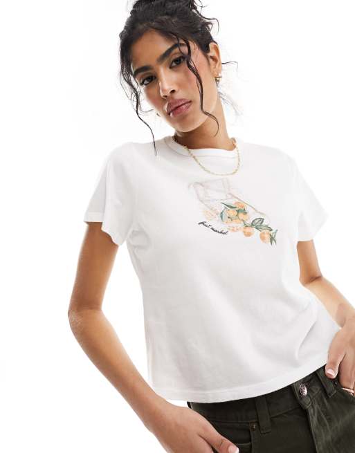 Abercrombie & Fitch – Krótki biały T-shirt z nadrukiem pomarańczy na środku