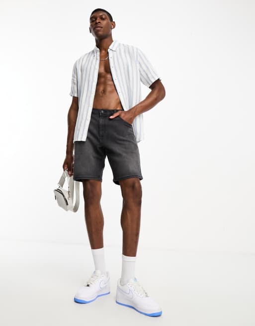 Abercrombie & Fitch – Kurzärmliges, gestreiftes Hemd aus Leinen in Weiß und Blau