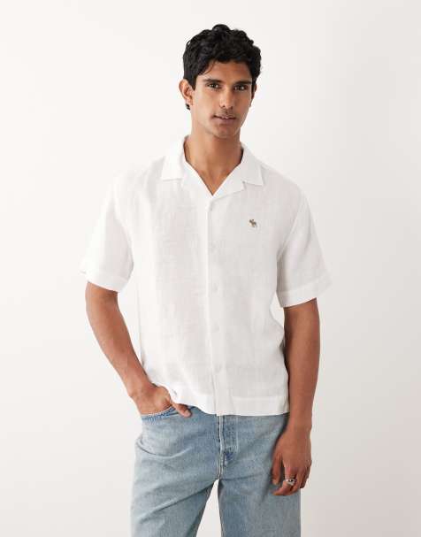 Abercrombie & Fitch – Kurzärmliges Leinenhemd aus 100% Leinen in Weiß mit Markenlogo - view 1