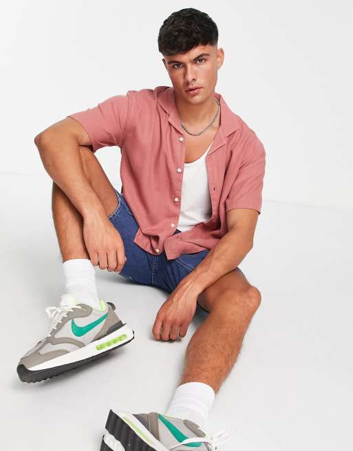 Abercrombie& Fitch – Kurzärmliges Leinenhemd mit lockerem Schnitt in Korallenrot