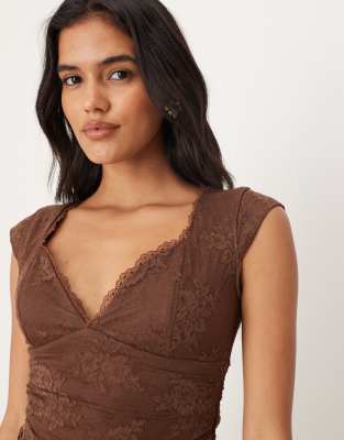 Abercrombie & Fitch - Kurzärmliges Oberteil aus Spitze in Braun mit herzförmigem Ausschnitt-Brown