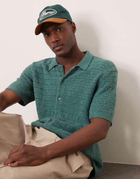 Abercrombie & Fitch – Kurzärmliges Polohemd aus Häkelstoff in Dunkelgrün mit Knopfleiste - view 1