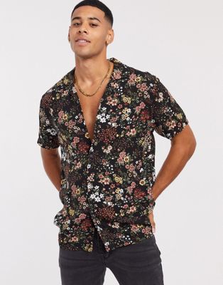 Abercrombie & Fitch – Kurzärmliges schwarzes Rayon-Hemd mit Blumenmuster
