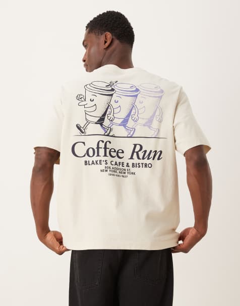 Abercrombie & Fitch – Kurzärmliges T-Shirt in Beige mit Kaffeegrafik - view 1