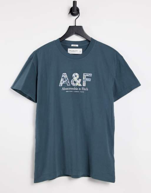 Abercrombie & Fitch – Kurzärmliges T-Shirt mit Logostickerei in dunklem Schiefer