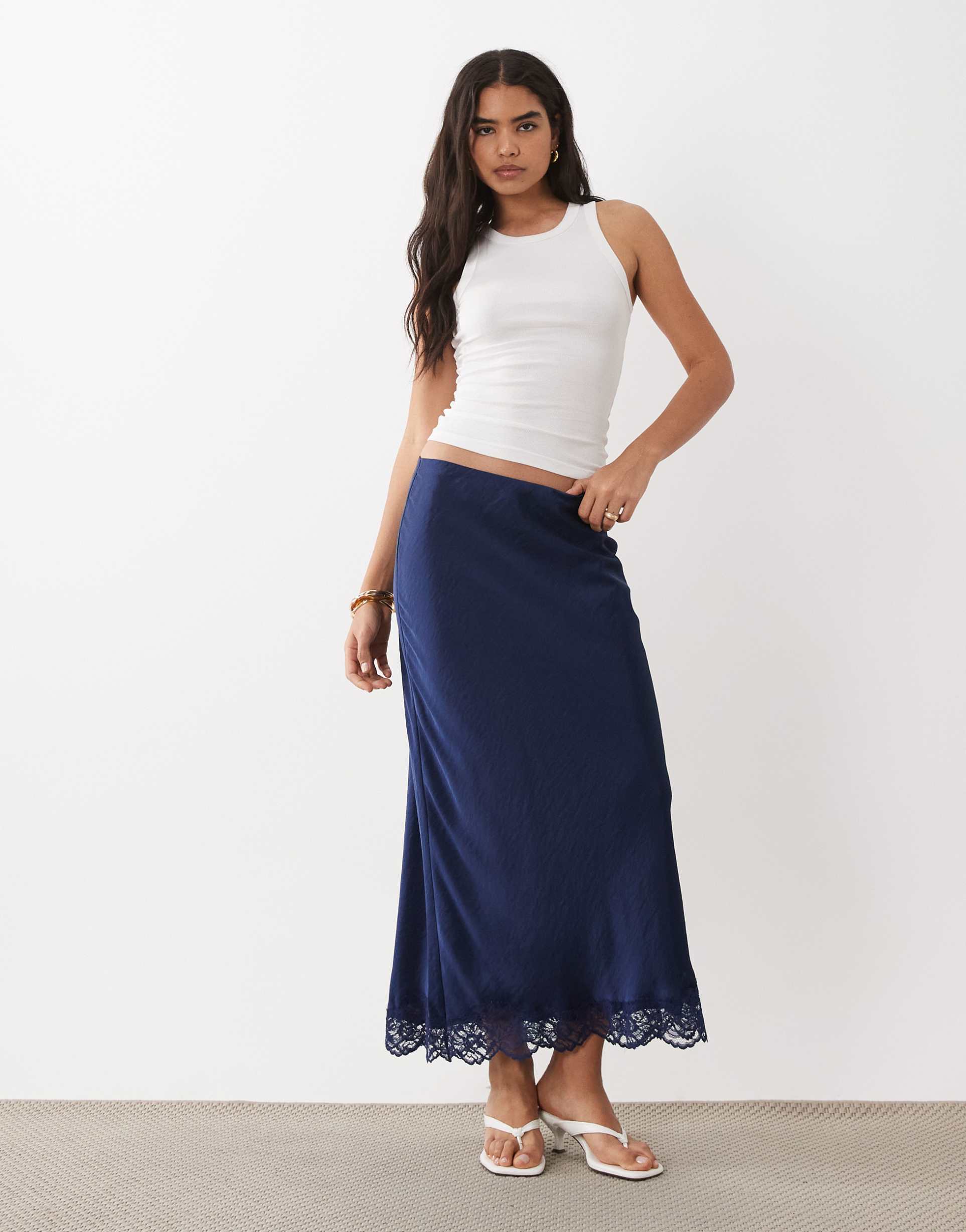 abercrombie & fitch lace hem satin maxi skirt in navy blue