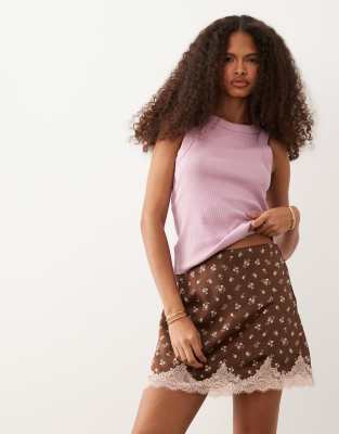 Abercrombie & Fitch Lace Hem Satin Mini Skort In Black