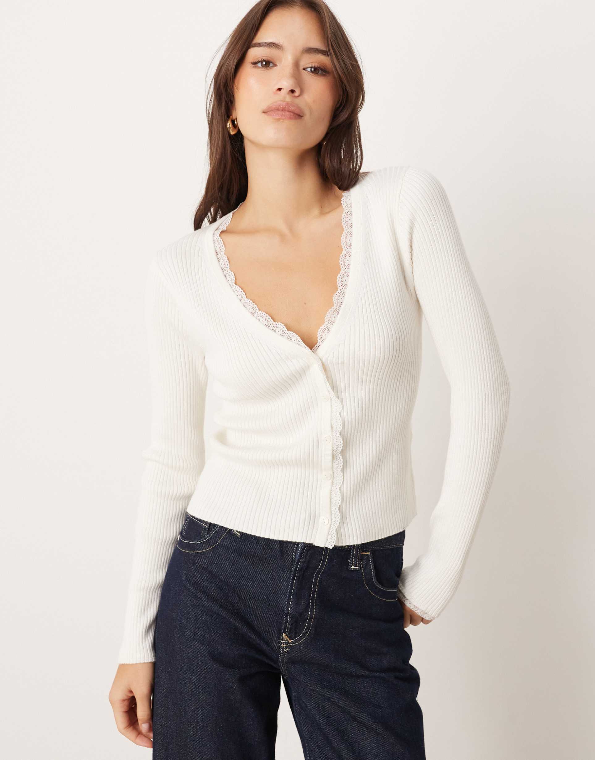 abercrombie & fitch lace panel detail ribbed cardigan in cream