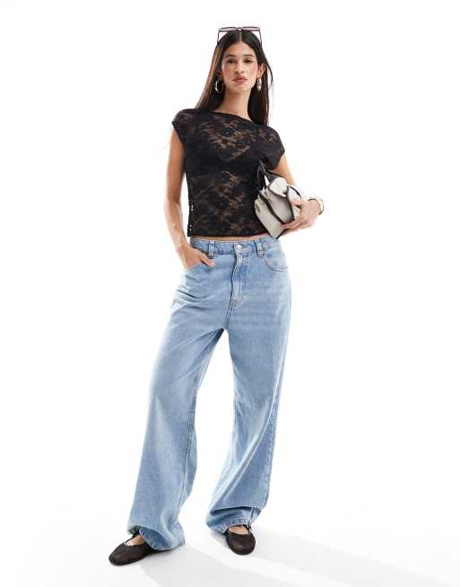 Abercrombie Fitch lace t shirt with grown over sleeve and boat neck in black ASOS