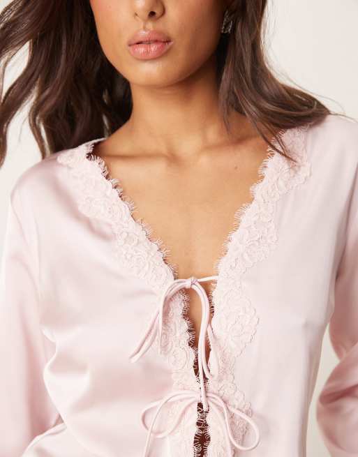 Abercrombie & Fitch lace tie front long sleeve top in chalk pink
