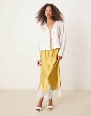 Abercrombie & Fitch Lace Tie Front Long Sleeve Top In White