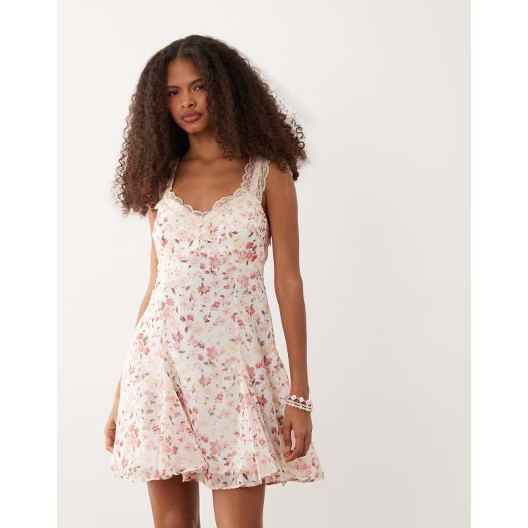Abercrombie & Fitch lace trim mini dress in cream floral print | ASOS