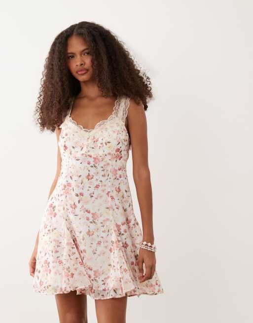 Abercrombie & Fitch lace trim mini dress in cream floral print | ASOS