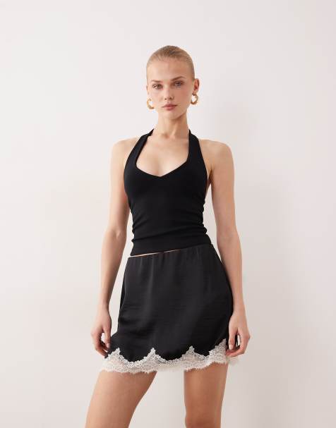 Abercrombie & Fitch lace trim satin mini skort in black