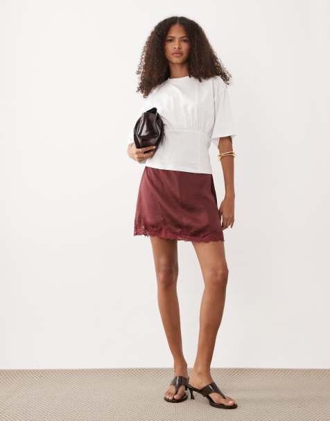Abercrombie & Fitch lace trim satin mini skort in burgundy - view 1
