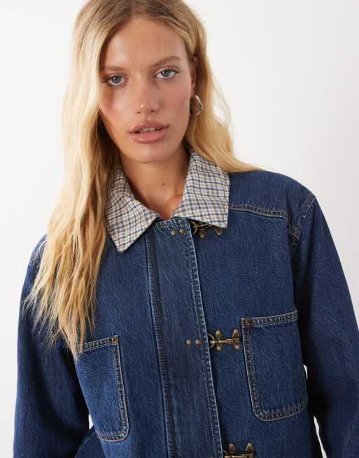 Abercrombie & Fitch lång denimjacka för barn med rutkrage i blått, 3 av 4