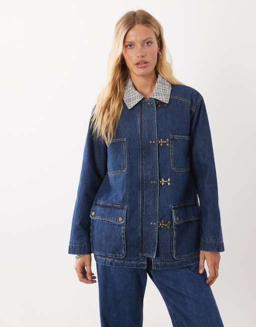 Abercrombie & Fitch lang denimjakke med ternet krave i blå, 2 af 4