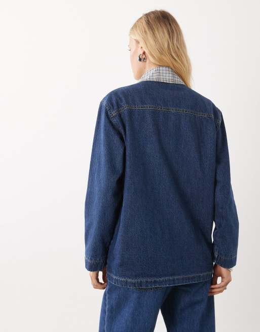 Abercrombie & Fitch lang denimjakke med ternet krave i blå, 4 af 4