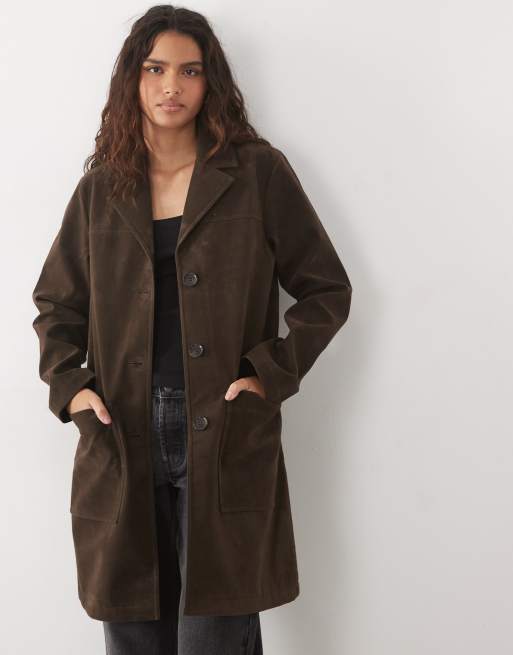Abercrombie & Fitch lång oversized jacka i mocka i mörkbrunt, 2 av 4
