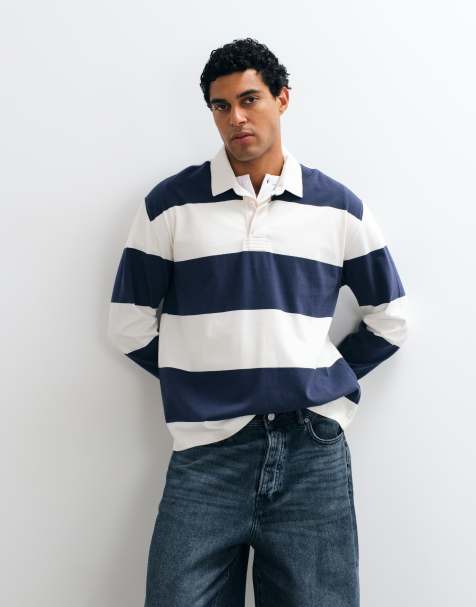 Abercrombie & Fitch långärmad rugby-piké i vit- och marinrandig - view 1