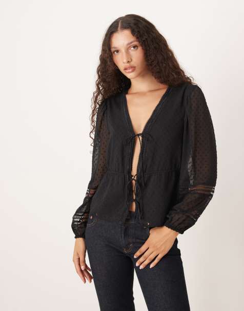 Abercrombie & Fitch – Langärmlige Bluse in Schwarz mit Schnürung vorn - view 1