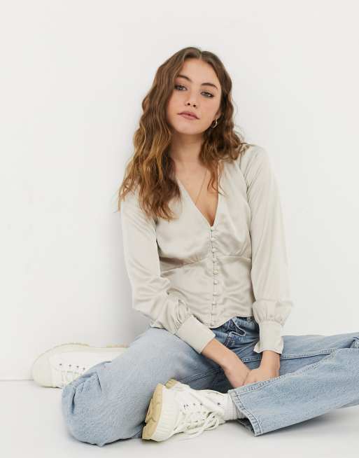 Abercrombie & Fitch – Langärmlige, champagnerfarbene Bluse aus Satin