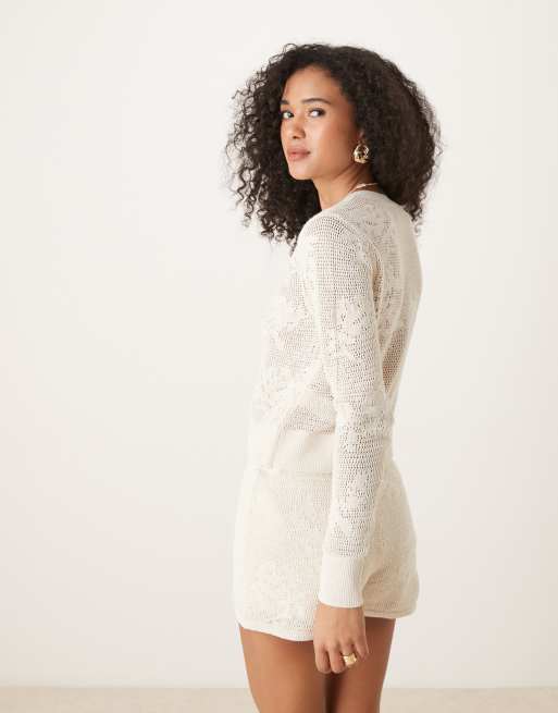 Abercrombie & Fitch – Langärmlige Strickjacke aus durchbrochenem Strick in Creme, Kombiteil, 3 von 4