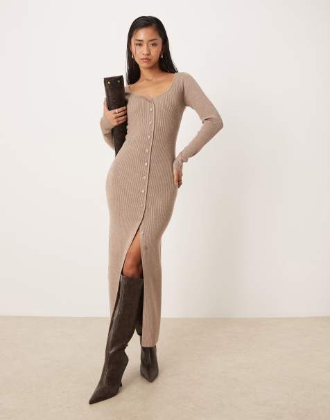 Abercrombie & Fitch – Langärmliges, figurbetontes Maxikleid in Beige mit V-Ausschnitt  - view 1