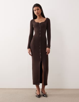 Abercrombie & Fitch - Langärmliges, figurbetontes Maxikleid in Braun mit V-Ausschnitt-Brown