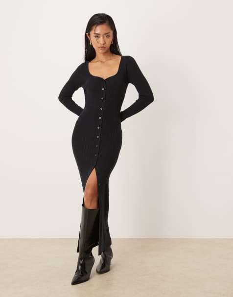 Abercrombie & Fitch – Langärmliges, figurbetontes Maxikleid in Schwarz mit V-Ausschnitt  - view 1