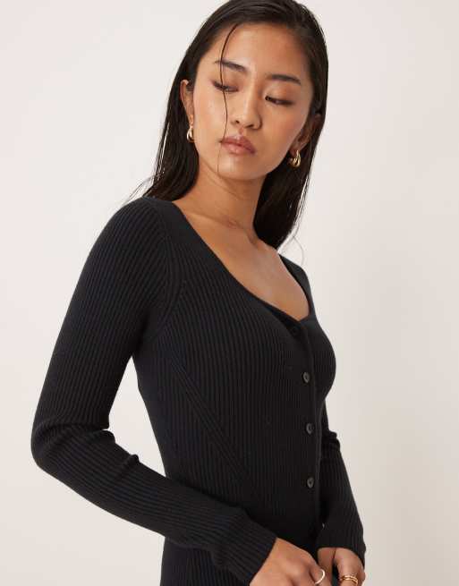 Abercrombie & Fitch – Langärmliges, figurbetontes Maxikleid in Schwarz mit V-Ausschnitt&nbsp;, 2 von 4