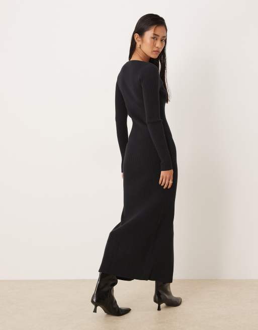 Abercrombie & Fitch – Langärmliges, figurbetontes Maxikleid in Schwarz mit V-Ausschnitt&nbsp;, 3 von 4