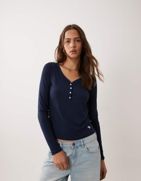 Abercrombie & Fitch langärmliges geripptes Henley-Oberteil in Marineblau - view 1