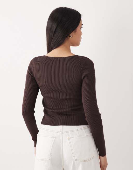 Abercrombie & Fitch – Langärmliges, geripptes Strickoberteil in Braun mit Herzausschnitt, 4 von 4
