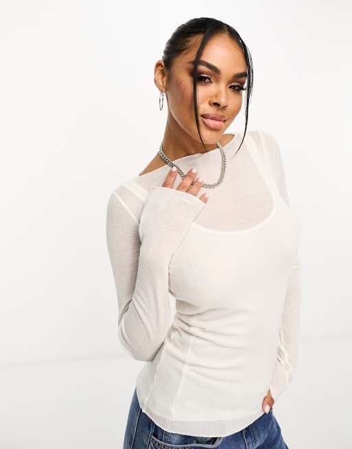 Abercrombie & Fitch – Langärmliges, halbtransparentes Oberteil in Creme