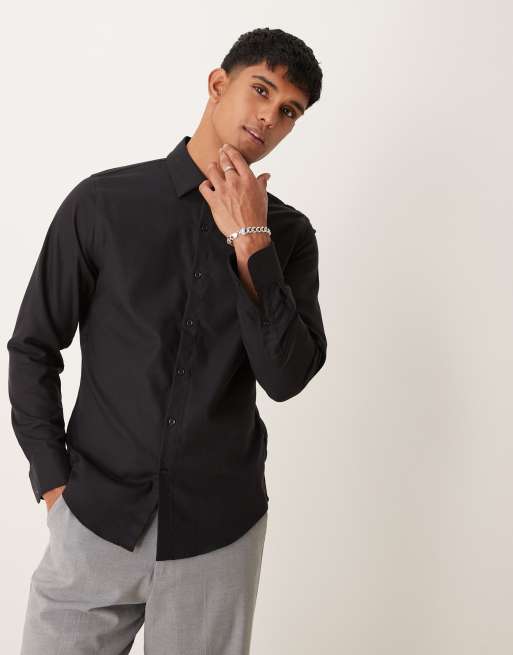 Abercrombie & Fitch – Langärmliges Hemd aus Anzugstoff in Schwarz