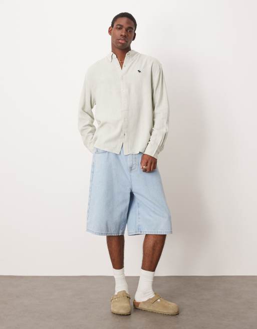 Abercrombie & Fitch – Langärmliges Hemd aus Leinen in Grau mit Logo, 3 von 4