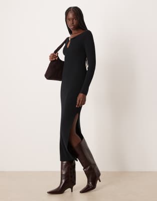 Abercrombie & Fitch - Langärmliges Maxi-Sweatshirtkleid in Schwarz mit Metalldetail