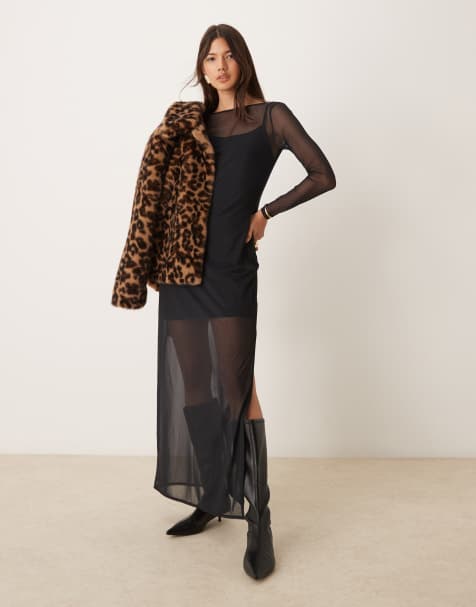 Abercrombie & Fitch – Langärmliges Maxikleid aus Netzstoff in Schwarz mit Seitenschlitz - view 1