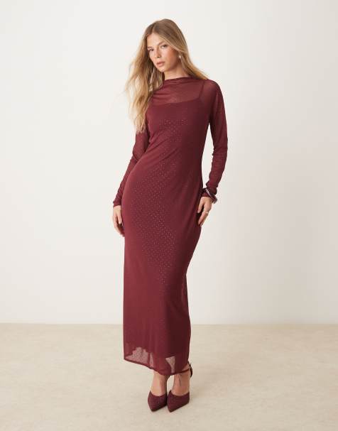 Abercrombie & Fitch – Langärmliges Midikleid aus Netzstoff in Burgunderrot mit Strassbesatz - view 1