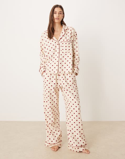 Abercrombie & Fitch – Langärmliges Pyjama-Set aus Flanell in Rosa mit Schleifenprint - view 1