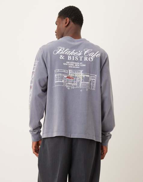 Abercrombie & Fitch – Langärmliges Shirt in verwaschenem Blau mit Kaffeegrafik - view 1