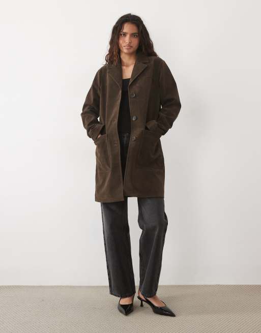 Abercrombie & Fitch lange oversized suède jack in donkerbruin, 3 van 4
