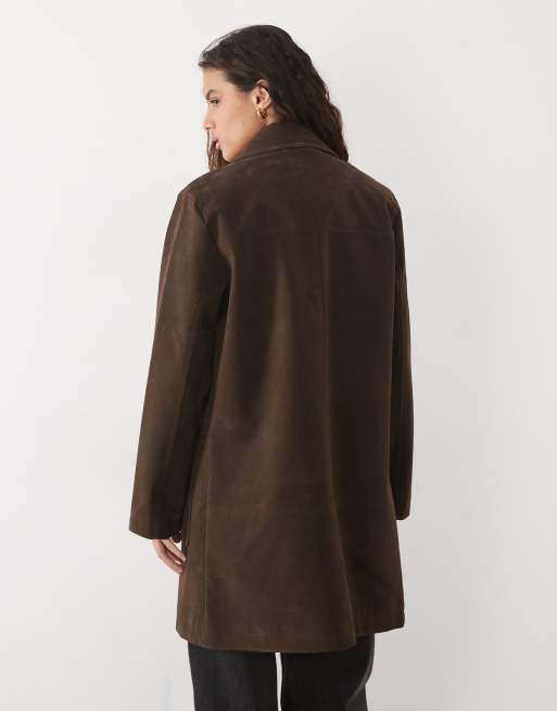 Abercrombie & Fitch lange oversized suède jack in donkerbruin, 4 van 4