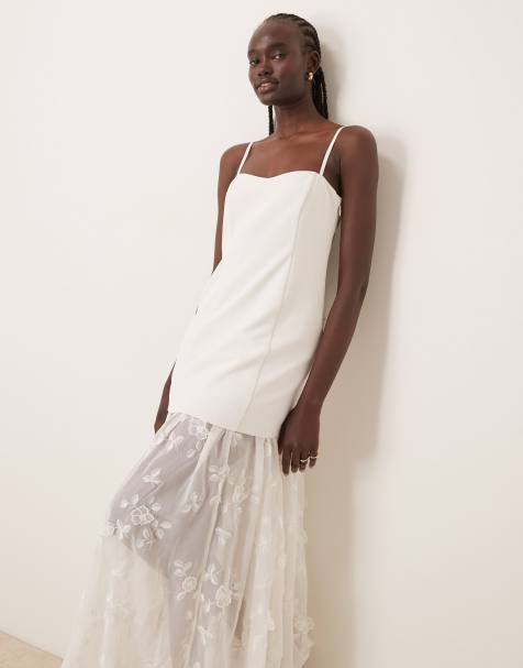 Abercrombie & Fitch – Langes Brautkleid in Wollweiß mit transparentem Spitzenrock mit Applikationen - view 1