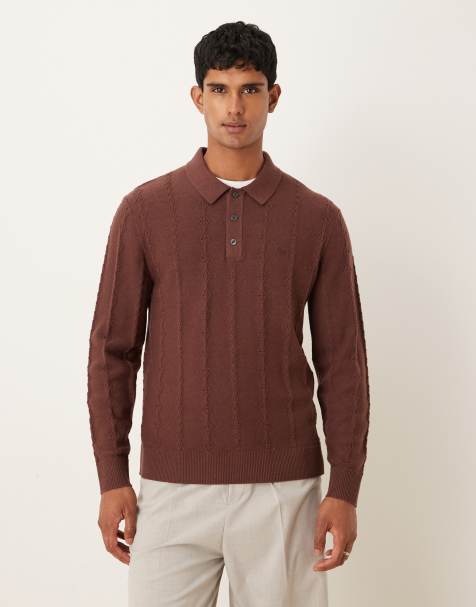 Abercrombie & Fitch - Langærmet brun striktrøje med brystlogo og polokrave - view 1