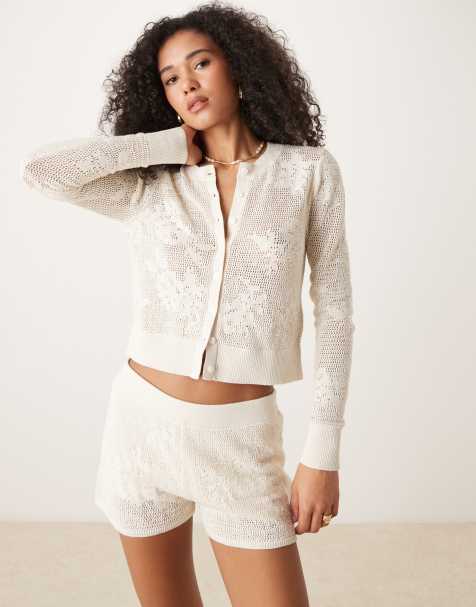 Abercrombie & Fitch - Langærmet cremehvid cardigan i hulstrik - Del af sæt - view 1